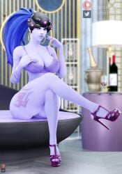 1girls 3d big_breasts bimbo blue_body blue_hair blue_skin bra breasts chrisisboi_ earrings female female_only high_heels looking_at_viewer metallic_nail_polish nipple_piercing overwatch purple_nail_polish purple_toenail_polish solo toenail_polish widowmaker