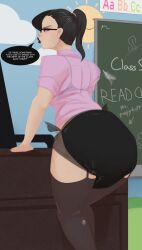 1girls black_hair black_lipstick chalkboard diaper glasses milkriot original original_character pantyhose pink_shirt ponytail reina_(milkriot) skirt tagme teacher teacher_outfit