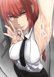 armpits breasts chainsaw_man clothed cum cum_in_armpit cum_on_armpit female female_focus girl girls hair invitation inviting long_hair looking_at_viewer makima_(chainsaw_man) oral_invitation red_hair seductive seductive_look seductive_smile tie tomodachi_(tomofanart) white_body white_skin white_skinned_female