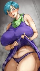 1girls big_breasts blue_eyes blush bodily_fluids bracelet bulma bulma_briefs cameltoe dragon_ball dragon_ball_super dress dress_lift female female_only hi_res huge_breasts light_blue_hair looking_at_viewer mature mature_female milf narrowed_eyes nipple_bulge panties shounen_jump smiling smiling_at_viewer smug smug_face solo steam sweat thick_thighs toshi21888046 voluptuous