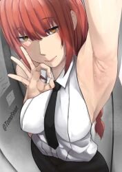 armpits breasts chainsaw_man clothed female female_focus girl girls hair invitation inviting light-skinned_female light_skin long_hair looking_at_viewer makima_(chainsaw_man) oral_invitation red_hair seductive seductive_look seductive_smile tie tomodachi_(tomofanart)