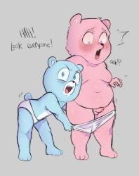 2023 anthro azulin_(unicorn_wars) balls bear blue_body blue_eyes blush brothers clothing dialogue duo english_text genitals gordi_(unicorn_wars) hi_res humanoid_hands male mammal penis pink_eyes slightly_chubby surprise text underwear unicorn_wars vemtrr