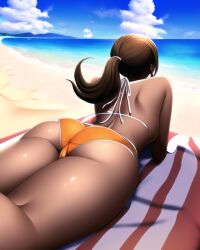 ai_generated asahina_aoi ass beach bikini brown_hair cameltoe danganronpa danganronpa:_trigger_happy_havoc dark-skinned_female dark_skin huge_ass large_ass lying lying_down lying_on_stomach n.c.b_ai nai_diffusion ponytail stable_diffusion thick thick_thighs tied_hair