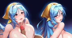 blue_hair blush boobs breasts cock female female_focus fog girl girls hair headband kcccc light-skinned_female light_skin long_hair looking_at_partner looking_at_viewer looking_back paizuri penis seductive seductive_look uncircumcised