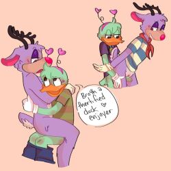 deer duck duckmilks duo furry green_fur purple_fur red_nose speech_bubble toontown_corporate_clash toontown_deer toontown_duck toontown_online toony