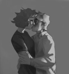 aged_up closed_eyes duo felix_kranken fluffy_hair glasses gray_background hand_on_arm holding_arm kissing older_male questionable sophie_walten ss0v3l standing the_walten_files