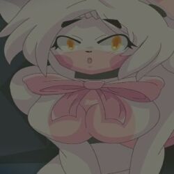 big_breasts blush bowtie breasts collar eyebrows_visible_through_hair female five_nights_at_freddy's five_nights_in_anime fnia grey_background long_hair looking_at_viewer mairusu-paua mangle_(fnaf) solo tagme white_fur white_hair yellow_eyes