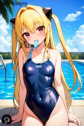 ai_generated bangs bare_arms bare_shoulders blonde_hair blue_one-piece_swimsuit blush breasts cameltoe cloud collarbone covered_navel cowboy_shot day female food food_in_mouth groin hair_intakes highleg highleg_swimsuit konjiki_no_yami long_hair looking_at_viewer mouth_hold one-piece_swimsuit outdoors pikkiwynn pool pool_ladder poolside popsicle red_eyes sitting sky small_breasts solo swimsuit thighs to_love-ru two_side_up very_long_hair wet