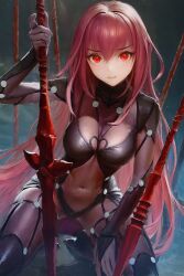 1girls ai_generated fate/grand_order fate_(series) female female_only light-skinned_female light_skin midriff red_eyes red_hair scathach_(fate) solo spear