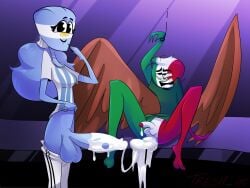 1boy 1futa after_anal after_sex argentina_(countryhumans) balls big_balls big_penis bottomless breasts clothed clothing countryhumans countryhumans_girl cum cum_on_anus duo erection futa_is_bigger futa_on_male futanari huge_cock humanoid humanoid_penis male mexico_(countryhumans) mostly_clothed multicolored_body multicolored_skin pants_down partially_clothed penis penis_size_difference pigtail rolling_eyes smooth_balls smooth_penis standing testicles treshik wings