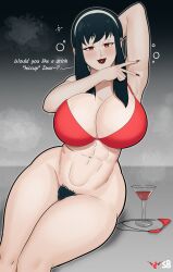 1girls black_hair bottomless bottomless_female bra breasts cleavage dialogue drunk english_text female hi_res hiccuping huge_breasts light-skinned_female light_skin long_hair no_panties pubic_hair red_eyes spicyburrd spy_x_family text thick_thighs wide_hips yor_briar yor_forger