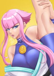 2020s 2023 blue_eyes braavoart dougi holding_leg holding_leg_up kneepits leg_up legs_apart manon_legrand one_leg_up pink_hair sideboob spandex street_fighter street_fighter_6