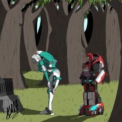 backpack bent_over blue_eyes bubble_butt cliffjumper commission forest grass gun kairito10 larger_female lifeline_(transformers) paradron_medic robot round_ass side_view staring sunlight transformers watching