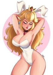 1girls animal_ears armpits arms_behind_head arms_up big_breasts blonde_hair breasts bunny_ears bunnysuit busty child_bearing_hips cleavage closed_eyes fake_animal_ears female female_only hourglass_figure large_breasts leotard lips magaska19 mario_(series) pose posing princess_peach sexy_armpits simple_background smile solo standing strapless strapless_leotard super_mario_bros._(2023_film) thighs voluptuous white_leotard wide_hips