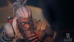 3d blender blizzard_entertainment blowjob blue_eyes cyborg dark-skinned_female dark-skinned_male dark_skin dreadlocks fellatio lips milf overwatch overwatch_2 partial_male robot_girl saliva sojourn_(overwatch) spit sucking sucking_penis video_games white_hair zis2nsfw