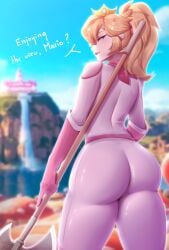 1girls ass ass_focus background big_ass biker_clothes blonde_hair bodysuit castle female female_focus female_only from_behind glistening glistening_body gloves looking_at_viewer looking_back mario_(series) mushroom princess_peach solo standing super_mario_bros. super_mario_bros._(2023_film) tiara waterfall weapon xintro