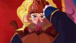 1boy 1girls :>= animated beast_(disney) beauty_and_the_beast belle bestiality blackbored blowjob brown_fur disney disney_princess dress hand_on_head kneeling looking_at_viewer pov