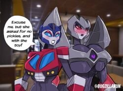 2girls big_breasts blush blush_lines breasts_bigger_than_head breasts_bigger_than_torso bugzilla embarrassed enemies female female_only funny genderswap hourglass_figure huge_breasts mcdonald's megatron meme multiple_girls optimus_prime pickles robot_girl rule_63 tagme transformers transformers_animated