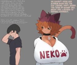 1boy 1girls 2023 anthro bangs big_breasts breasts brown_hair cat_ears cat_eyes cat_humanoid cat_tail catgirl choker dark-skinned_female dialogue duo english_text feline feline_humanoid female female_focus furry gigantic_breasts grey_background huge_breasts human large_breasts lucy_(fruitysnacks) male multicolored_hair oc original original_character pale-skinned_male shirt short_hair taunting teasing text text_on_clothing text_on_shirt top_heavy two_tone_hair vammzu