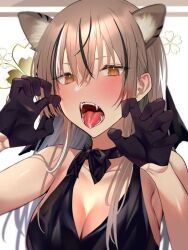 black_clothes black_dress black_gloves blonde_female blonde_hair blonde_hair blush bowtie breasts breasts breasts collar collar_tie dog_ears elegant_dress fangs female female_focus girl girls gloves hair hands_up hazel_eyes long_hair open_mouth open_mouth rawr saliva shiny_skin tie_collar tongue white_body white_skin white_skinned_female yuyu_(yuyuworks)