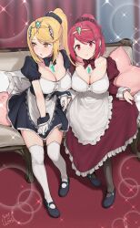 apron blonde_hair bowtie breasts carpet choker core_crystal couch cuff_links curtains curtsey earrings enmaided gloves hair_scrunchie holding_hands large_breasts looking_at_viewer maid maid_apron maid_uniform mary_janes mythra nintendo pantyhose pillow ponytail pyra red_eyes red_hair rkrk thighhighs tiara xenoblade_(series) xenoblade_chronicles_2 yellow_eyes