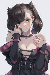 bare_shoulders black_choker black_hair black_jacket breasts choker cleavage closed_mouth ear_piercing earrings female green_eyes jacket jewelry jojobirdz looking_at_viewer marnie_(pokemon) medium_breasts nail_polish nintendo off_shoulder painted_fingernails piercing pink_nails pokemon pokemon_ss shy simple_background solo twintails undercut upper_body v-shaped_eyebrows