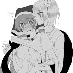 2girls animal_horns animal_tail areolae blush boring_mask breasts breasts_out clothed ear_bite ear_biting fingering haniyasushin_keiki hat horn horns keiki_haniyasushin kicchou_yachie long_hair monochrome nipples off_screen_fingering shirt shirt_lift shirt_up short_hair sweat tail touhou trembling turtle_shell yuri