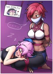 2girls abs bondage deep_blush female female_only femdom femsub gag happy_birthday happy_dom lap_pillow leuedai_(magnolia-baillon) magnolia-baillon omniv sleeping sleeping_on_lap slight_blush tagme wholesome yuri