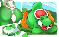 1boy anthro ass bodily_fluids duo easter egg egg_laying gay holidays lying male male/male mario_(series) moonrick nintendo vore yoshi yoshi_(character)