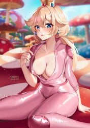 1girls blonde_hair blue_eyes bodysuit breasts cleavage female female_only long_hair mario_(series) mushroom nintendo outdoors princess princess_peach solo squchan super_mario_bros. super_mario_bros._(2023_film) sweat sweaty_body thighs wariza