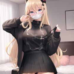 1girls black black_skirt blonde_hair blonde_hair_female blush blushing_at_viewer cum cum_on_body cum_on_breast cum_on_breasts cum_on_clothes cum_on_upper_body female female_only girl long_hair long_hair_female looking_at_viewer oversized_shirt posing small_skirt solo solo_female teen teenage_girl teenager