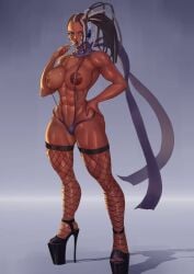 athletic bikini candy commission dark-skinned_female dark_skin fanart fishnets high_heels kunoichi large_breasts lolipop master_raven muscles muscular muscular_female namco ninja nipples pumps sling_bikini stockings tekken tekken_7 video_games