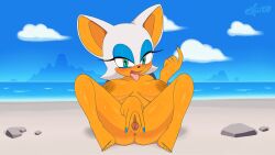 1girls absurd_res absurdres bad_source beach beckoning breasts excito feet female female_only highres large_areolae large_breasts pussy rouge_the_bat solo sonic_(series) spread_pussy tongue tongue_out