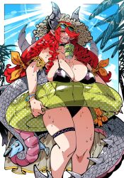 beach big_breasts curvy demon demon_girl demon_horns dragon_girl dragon_tail horns huge_breasts kafun long_hair looking_at_viewer looking_down mature_female one-piece_swimsuit original pointy_ears red_hair sunglasses_on_head sweat sweatdrop sweaty swimsuit tall_female thick_thighs thigh_strap wide_hips