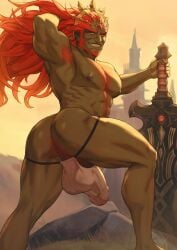 armpit armpit_hair ass balls bara beard big_balls big_bulge big_penis big_sword bulge dreampipe facial_hair flaccid ganondorf ganondorf_(hyrule_warriors) gerudo hand_behind_head hyrule_warriors jockstrap male male_only muscles muscular nintendo penis red_hair solo solo_male sword the_legend_of_zelda