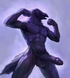 2023 abs anthro athletic athletic_anthro athletic_male avian balls beak big_penis biped bird black_beak black_body black_feathers black_penis corvid corvus_(genus) crow digital_media_(artwork) erection feathers flexing_both_biceps genitals hi_res humanoid_genitalia humanoid_penis klongi male male_only oscine passerine pecs penis purple_eyes solo