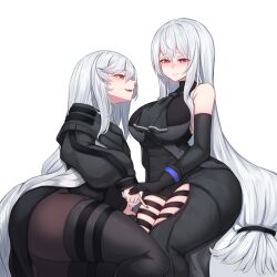 2girls arknights big_breasts blush curvy happy_female holding_hands hourglass_figure imminent_yuri lesbian light-skinned_female light_skin long_hair pale-skinned_female pale_skin red_eyes rikuguma sitting skadi_(arknights) specter_(arknights) thick_thighs thighhighs white_hair wide_hips yuri