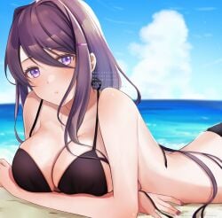 beach big_breasts bikini bikini_top breasts doki_doki_literature_club fingernails huge_breasts laying_down laying_on_breasts laying_on_ground laying_on_stomach looking_at_viewer mitarou_sk nail_polish ocean purple_eyes purple_hair purple_nails slight_blush yuri_(doki_doki_literature_club)