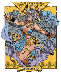 animal_ears cat_ears catgirl curvy dancer dancer_outfit dark-skinned_female dark_skin egyptian egyptian_clothes egyptian_female grey_hair jewelry kafun long_hair looking_at_viewer mature_female open_mouth original sharp_teeth wide_hips