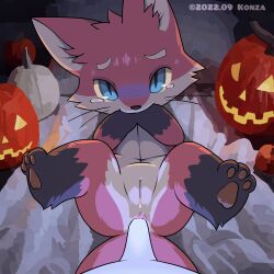 2022 3_toes anal anal_sex animated anthro anus blue_eyes blush bodily_fluids canid canine duo feet female female_penetrated first_person_view fox fur furry gaping gaping_anus genital_fluids halloween_pumpkin hand_in_mouth konzaburou legs_up looking_at_viewer loop lying male male/female male_penetrating male_penetrating_female male_pov mammal nude on_back original pawpads penetration penis pink_body pink_fur pussy pussy_juice sex short_playtime solo_focus spirit straight tail tears toes upscaled white_body