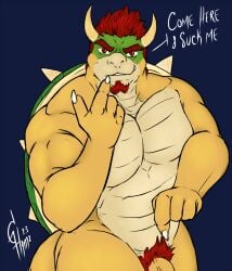 1boy anthro bowser gay hi_res horn hunterramirez king koopa lizard male male/male male_only mario_(series) muscular nintendo nude reptile royalty scalie smile solo