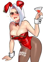 1girls ashe_(overwatch) blush blushypixy blushyspicy breasts bunny_ears bunny_girl bunnysuit drunk drunk_bubbles female female_only looking_at_viewer overwatch solo