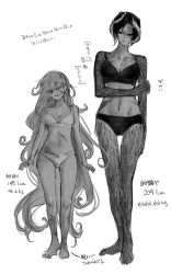 2girls body_markings bra cleavage curly_hair female female_only full_body height_difference long_hair looking_at_viewer lyza_(made_in_abyss) made_in_abyss monochrome ozen ozesuki97 panties scars short_hair sketch standing teacher_and_student thigh_gap two_tone_hair underwear underwear_only very_long_hair wide_hips