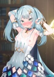 arm_behind_head armpits bar_censor blue_hair blush bracelet breasts censored cum cumdrip dress faruzan_(genshin_impact) female genshin_impact gmkj hair_ornament hairclip highres jewelry long_hair looking_at_viewer nipples open_mouth small_breasts solo twintails yellow_eyes