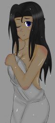 1girls anime_style aru_chan big_breasts black_hair blue_eyes blush chile clothing dark-skinned_female female female_only gray_background latina long_hair simple simple_background