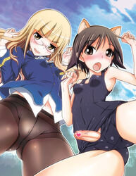 animal_ear armpits artist_request blonde_hair blush breasts brown_eyes brown_hair cameltoe censored character_request clothing erect_nipples erection female flat_chest foreskin from_below futa_with_female futanari glasses intersex legwear long_hair miyafuji_yoshika multiple_girls no_testicles novelty_censor one-piece_swimsuit open_mouth panties panties_under_pantyhose pantyhose penis perky_breasts perrine_h_clostermann rentaichou short_hair skin_tight sky small_breasts smile strike_witches sweat swimsuit thighs underwear yellow_eyes