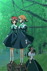 6+girls asphyxiation bow brown_hair clothing dead death dress female_death forest fuu_hououji glasses hanged hda hikaru_shidou magic_knight_rayearth multiple_deaths multiple_girls nature noose red_hair rope