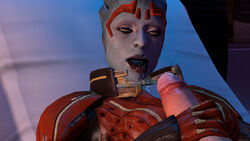 1girls 3d 3d_(artwork) alien alien/human alien_girl big_penis blue-skinned_female blue_body blue_skin clothed clothed_female cum cum_on_face female female_focus fully_clothed knogg mass_effect mass_effect_2 penis samara straight tongue tongue_out