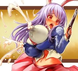 1girls animal_ears blush breasts erect_nipples female firearm gun handgun huge_breasts humanoid hyper_lactation lactation lactation_through_clothes long_hair long_nipples navel nipples purple_hair red_eyes reisen_udongein_inaba revolver sachito solo team_shanghai_alice tears tongue tongue_out touhou weapon youkai