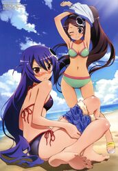 2girls armpits barefoot beach bikini black_hair blue_hair blush clothing cloud elsea_de_lute_irma feet foreshortening haqua_du_lot_herminium high_resolution kami_nomi_zo_shiru_sekai kuboki_yuuichi legs long_hair looking_back megami multiple_girls official_art ponytail purple_eyes red_eyes sandals side-tie_bikini sky smile soles swimsuit tied_hair toes undressing very_long_hair water wink